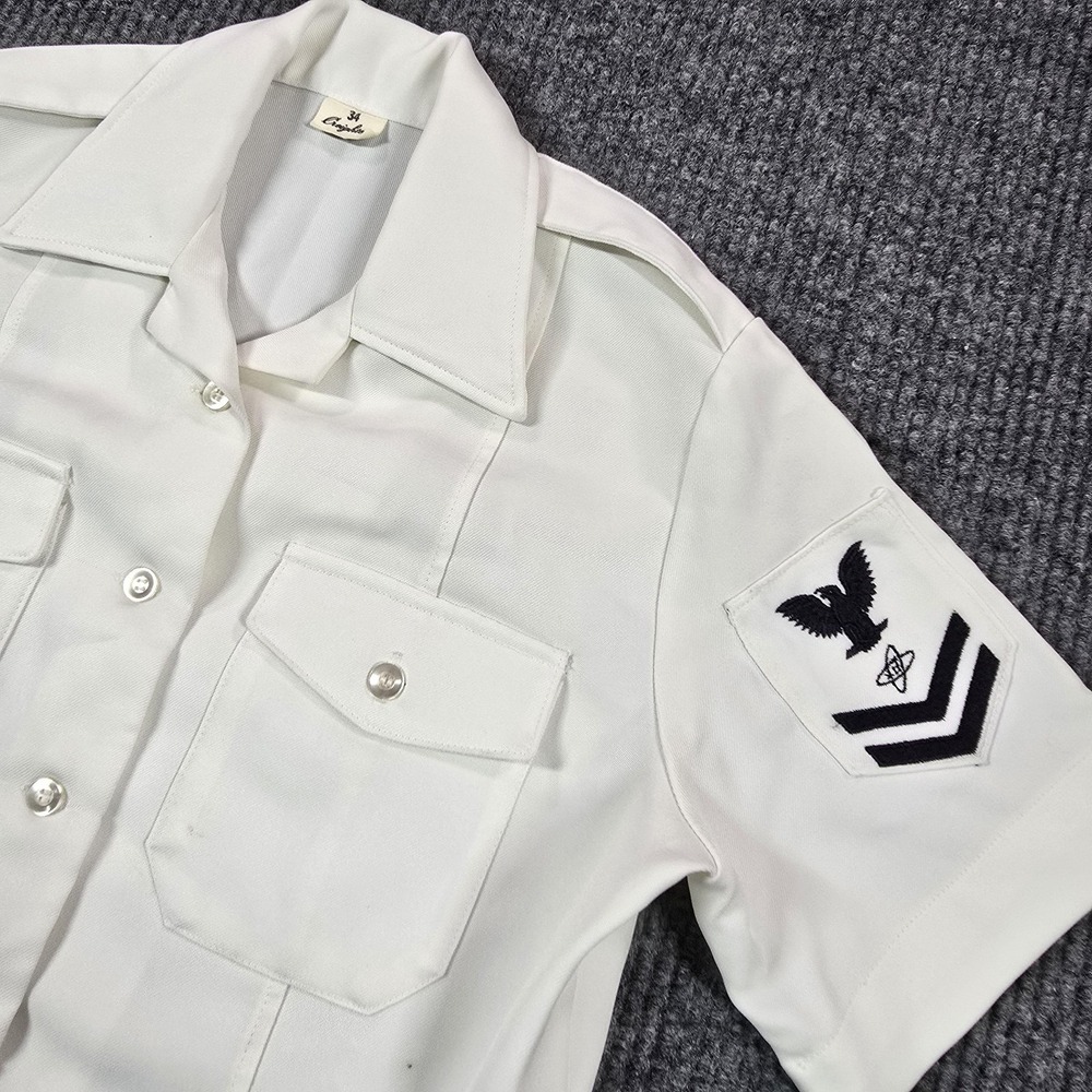 US Navy Dress Shirt Mens 34 White Short Sleeve‎ Uniform Creighton Rank Patch